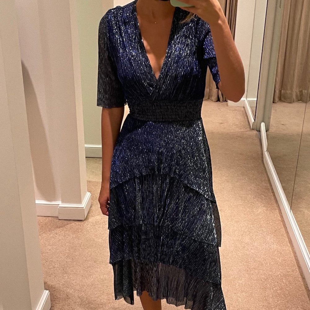 MAJE STRETCH LUREX FABRIC DRESS WITH RUFFLES